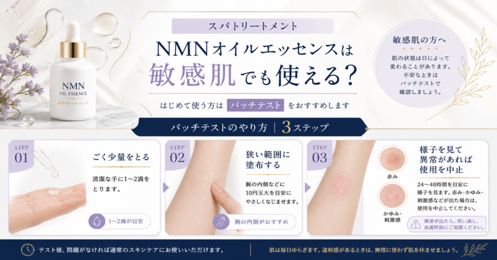 NMNオイルエッセンスと敏感肌の確認点を示す図解