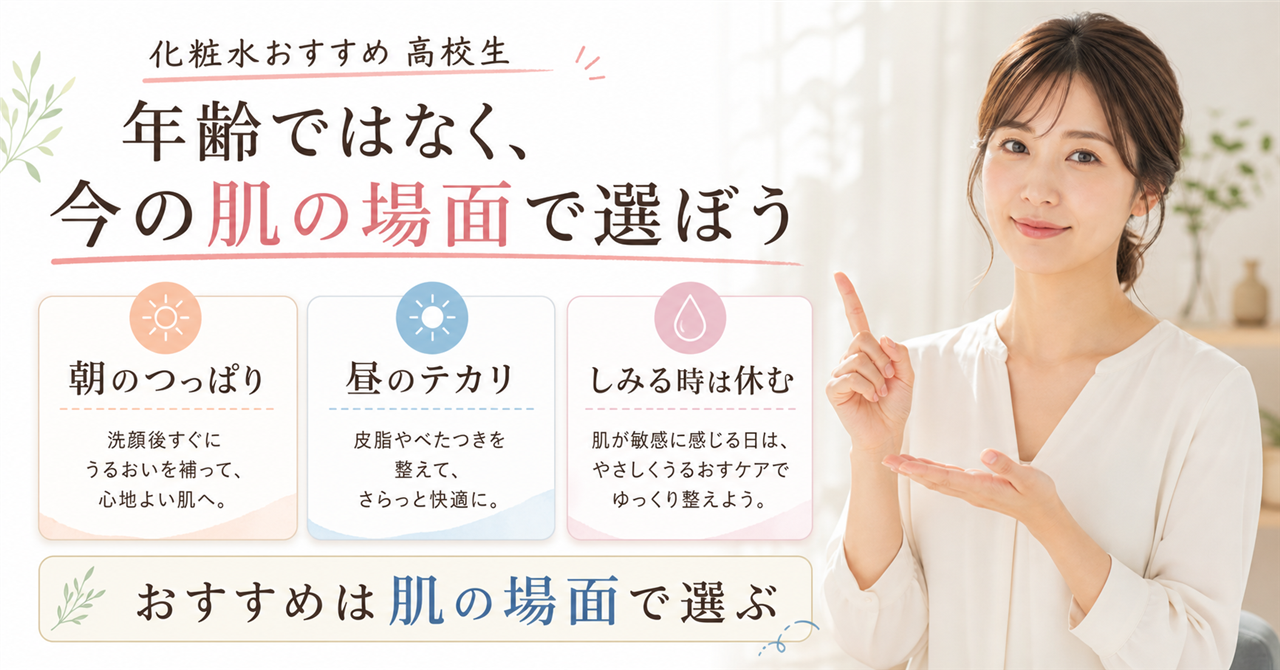 高校生が化粧水を選ぶ視点を示すイメージ