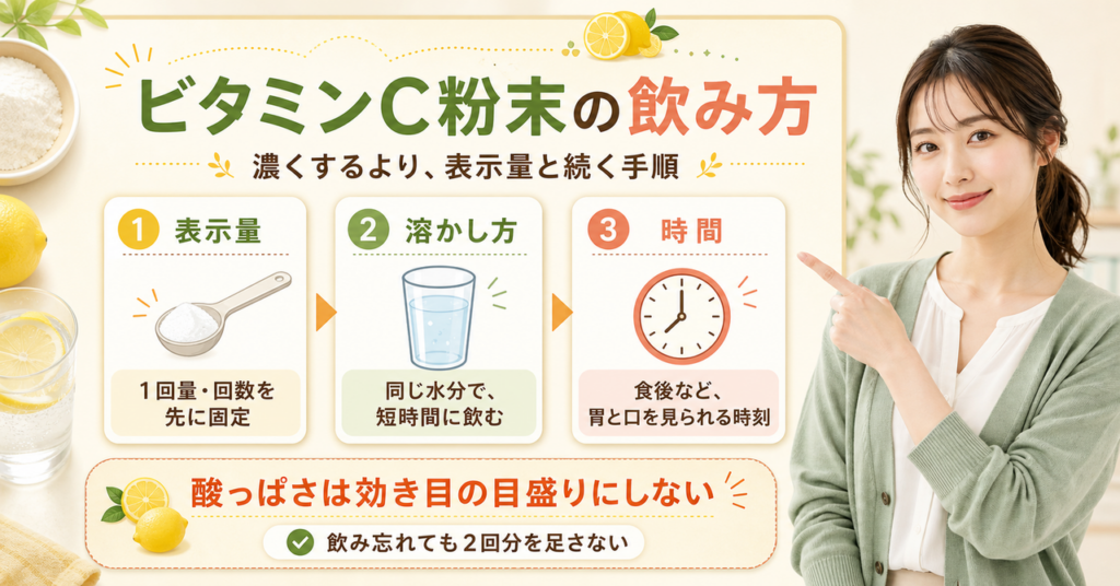 ビタミンC粉末を表示量・溶かし方・飲む時間で判断する図解