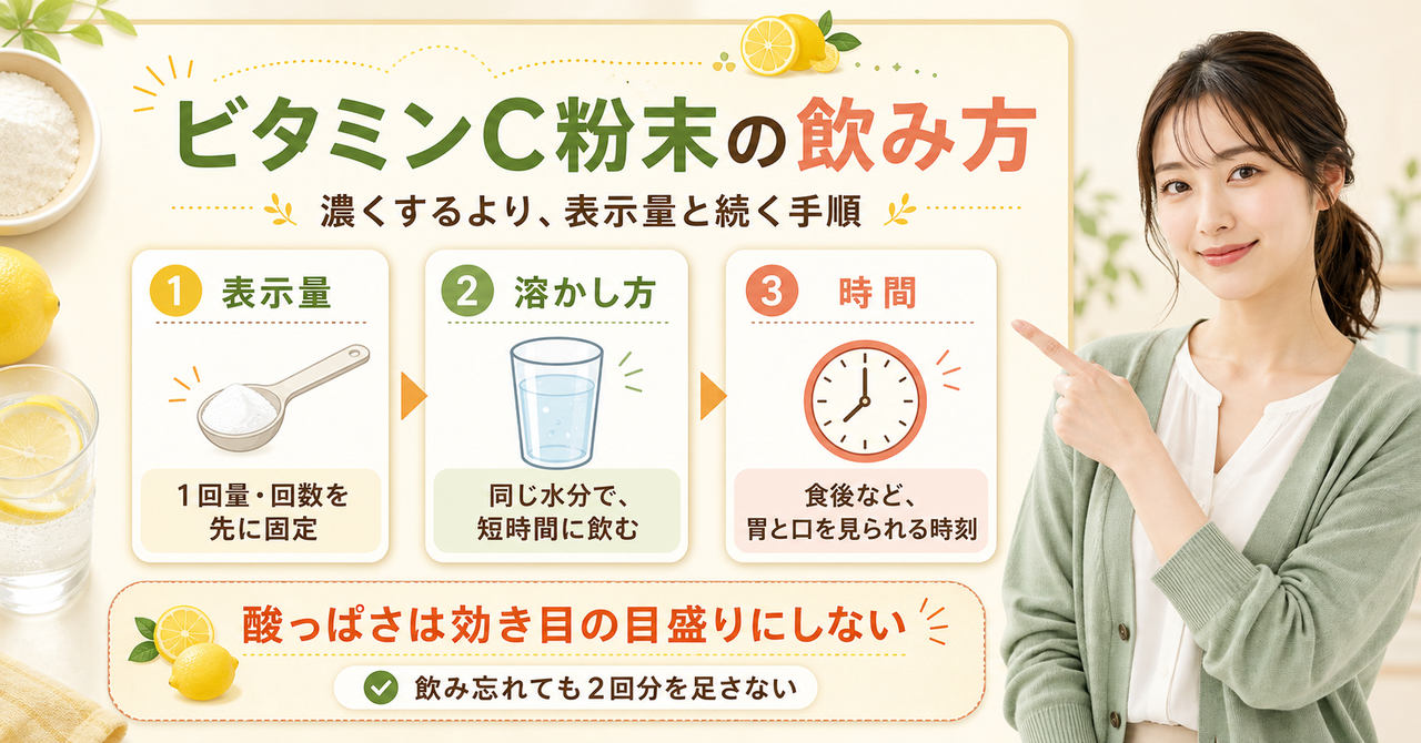 ビタミンC粉末を表示量・溶かし方・飲む時間で判断する図解