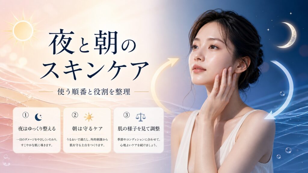 夜と朝のスキンケアの使う順番と役割を示すビューティーボード