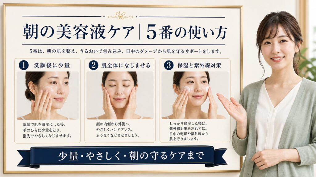 朝の美容液ケアと5番の使い方を解説するBeauty Board