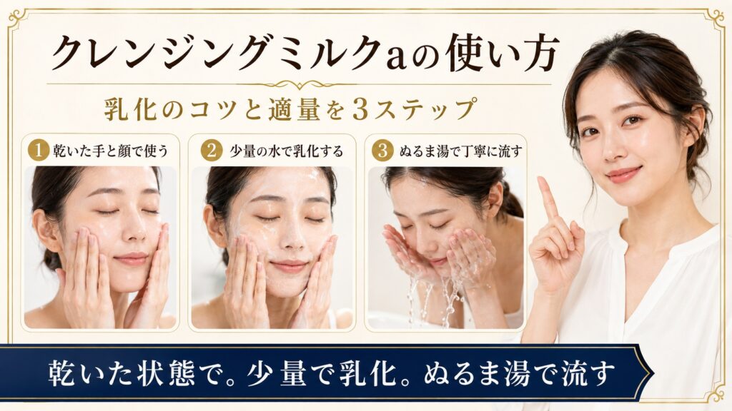クレンジングミルクaを乾いた手と顔で使い少量の水で乳化してぬるま湯で流す方法を示すBeauty Board