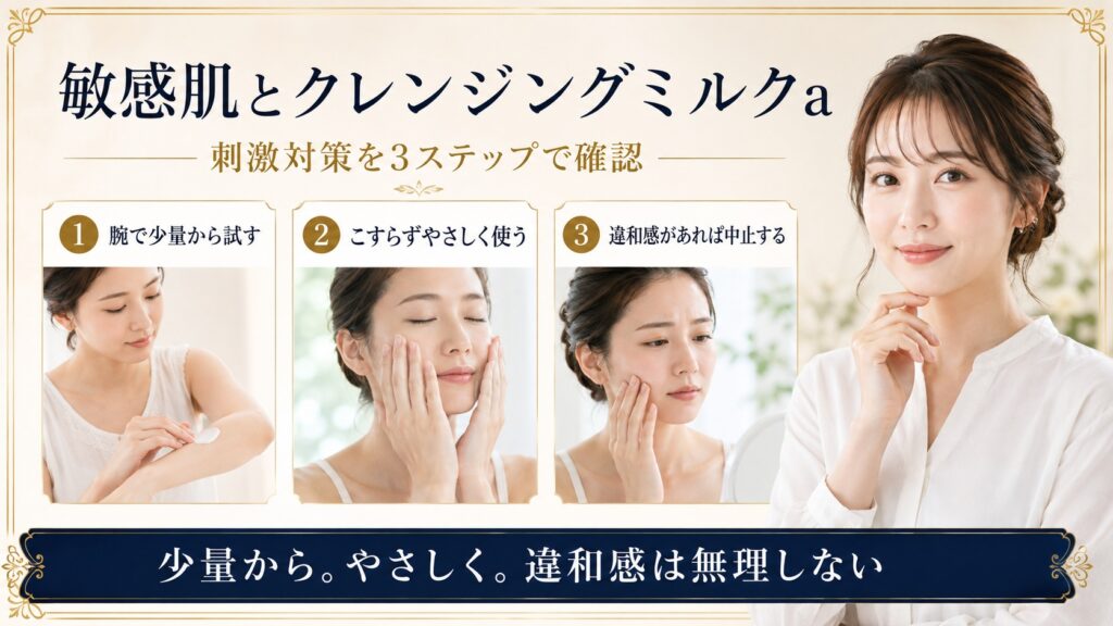 クレンジングミルクaを敏感肌で使うとき腕で少量から試し違和感があれば中止する刺激対策を示すBeauty Board