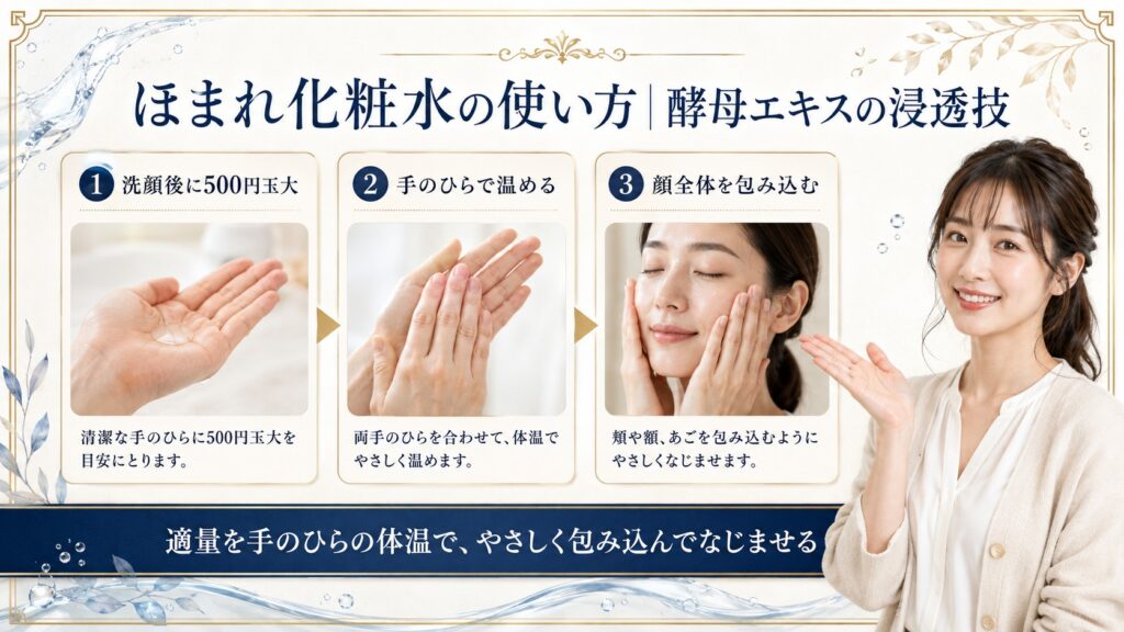 ほまれ化粧水の適量と手のひらでのなじませ方を示す横長ガイド