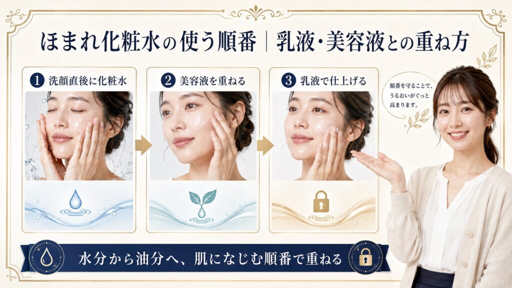 ほまれ化粧水、美容液、乳液の重ねる順番を示す横長ガイド