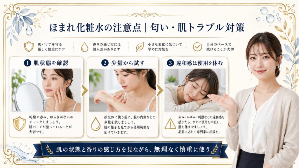ほまれ化粧水の匂いと肌トラブルを防ぐ注意点を示す横長ガイド