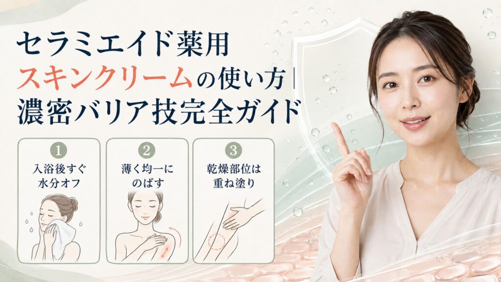 セラミエイド薬用スキンクリームの塗り方と濃密バリアケアを示す横長ガイド