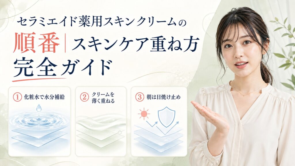 セラミエイド薬用スキンクリームを使うスキンケアの順番を示す横長ガイド