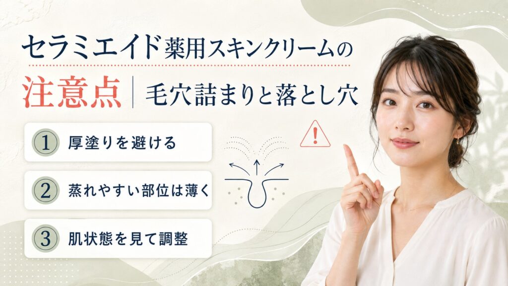 セラミエイド薬用スキンクリームの毛穴詰まりと厚塗りを避ける注意点を示す横長ガイド