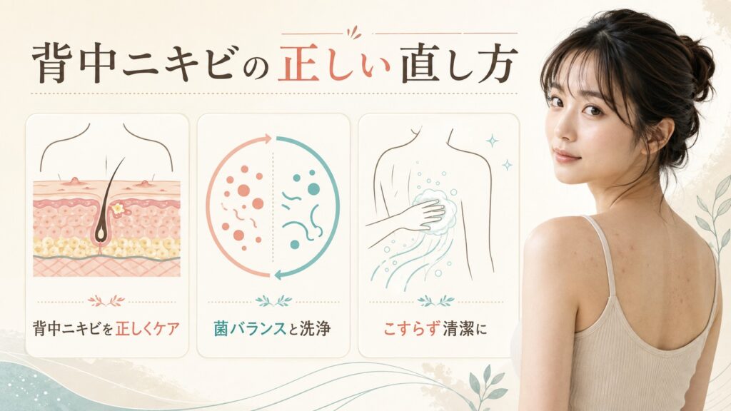背中ニキビの正しいケア、菌バランス、こすらない洗浄を解説する横長Beauty Board