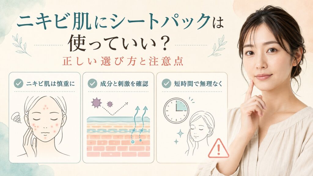 ニキビ肌のシートパック選び、刺激確認、短時間ケアを解説する横長Beauty Board