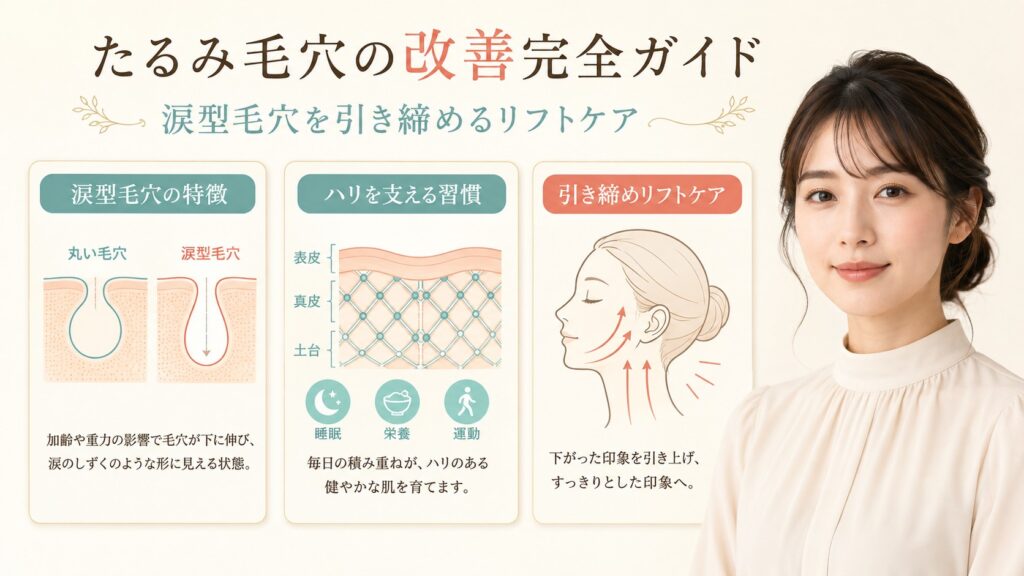 涙型毛穴の特徴、ハリを支える習慣、引き締めケアを解説する横長Beauty Board