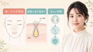 鼻ニキビの原因、皮脂と毛穴詰まり、正しい対策を解説する横長Beauty Board