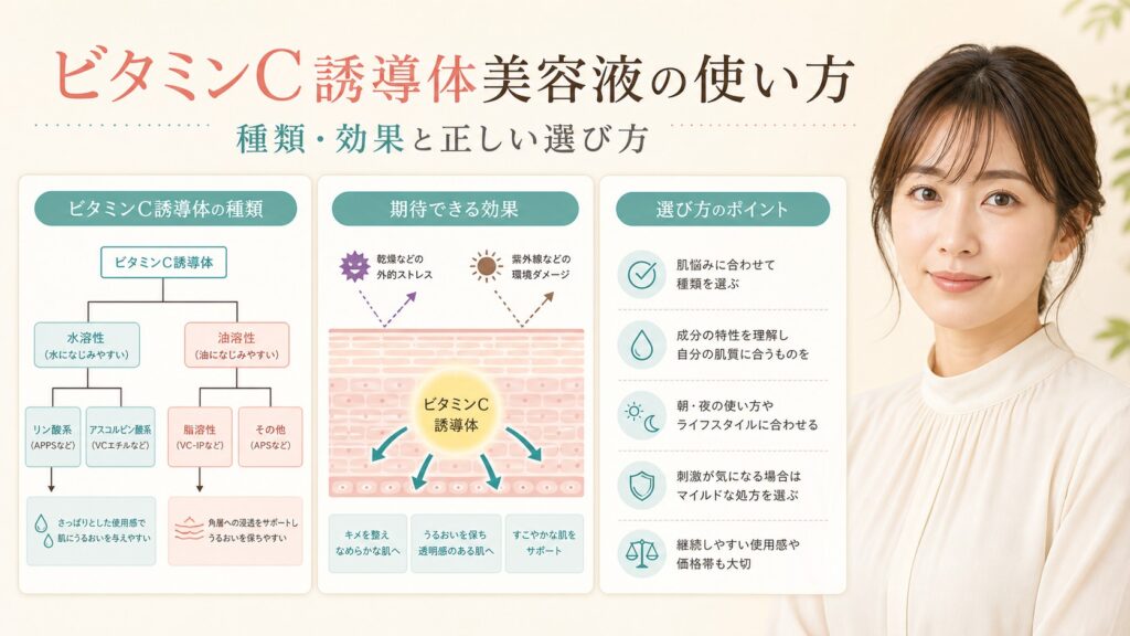 ビタミンC誘導体の種類、期待できる効果、選び方を解説する横長Beauty Board