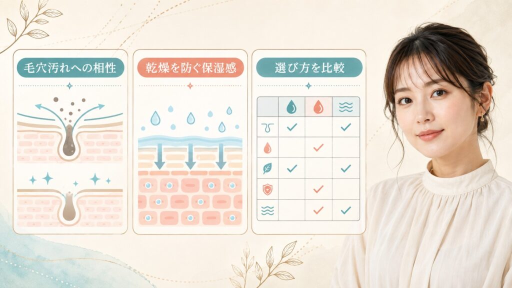 毛穴汚れとの相性、乾燥を防ぐ保湿感、クレンジングバームの選び方を比較する横長Beauty Board
