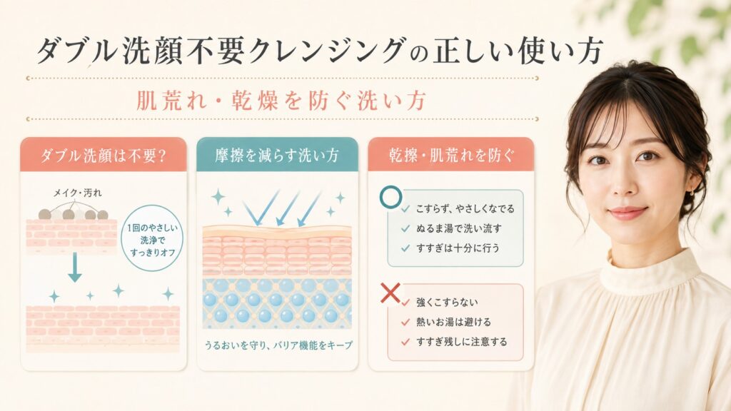 ダブル洗顔不要の洗い方、摩擦軽減、乾燥と肌荒れ対策を解説する横長Beauty Board