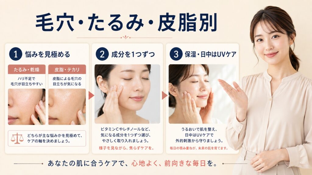 毛穴の開きが気になるときのたるみ・皮脂別美容液選びと保湿・UVケアの3ステップ