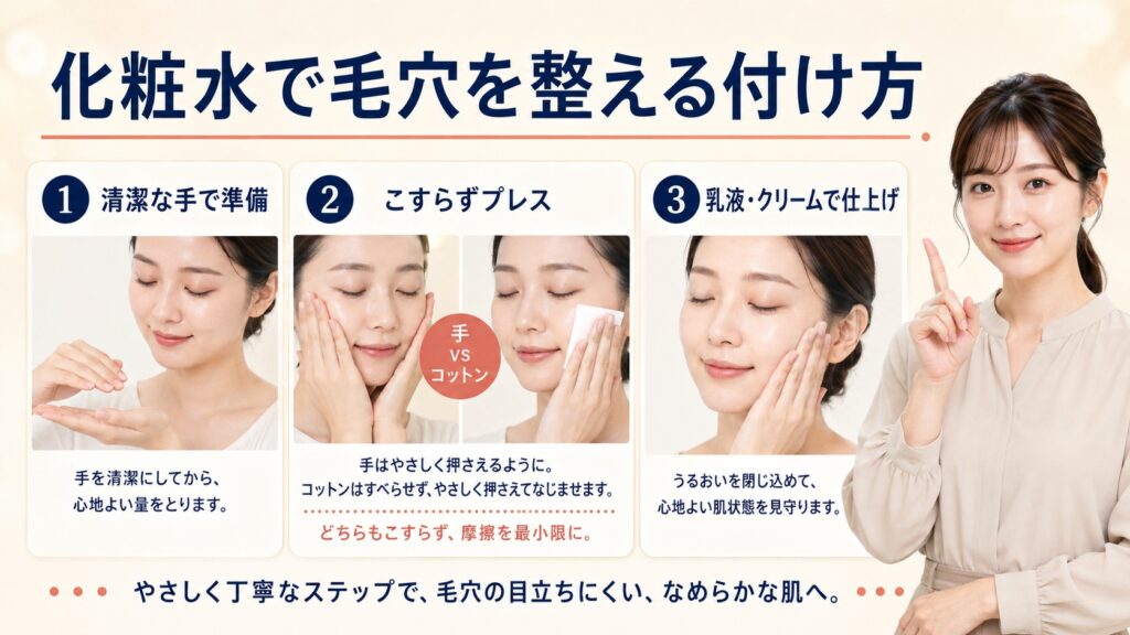 化粧水を手とコットンでこすらずやさしくなじませる毛穴ケアの3ステップ