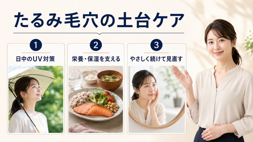 たるみ毛穴が気になるときの日中UV対策・栄養・保湿・継続ケアの3ステップ