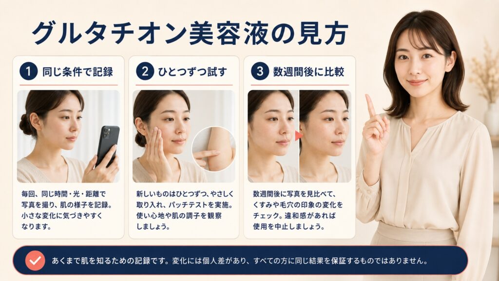グルタチオン美容液の使用前後を同じ条件で記録し数週間後に比較する方法