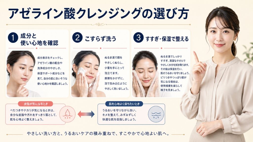 アゼライン酸クレンジングの成分確認・こすらない洗顔・すすぎと保湿の3ステップ