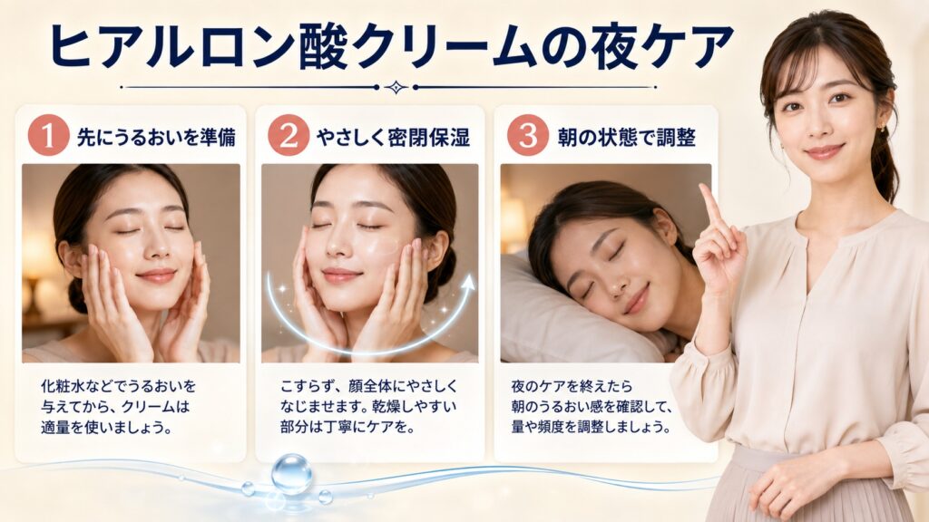 ヒアルロン酸クリームを夜に使う先行保湿・やさしい密閉・朝の調整3ステップ