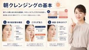 朝の肌状態に合わせてこすらず洗い保湿と日中UVケアを行う3ステップ