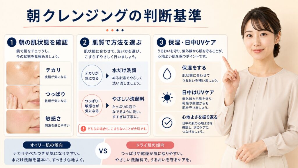 肌質別に朝クレンジングの要否を判断しこすらず保湿と日中UVケアを行う方法