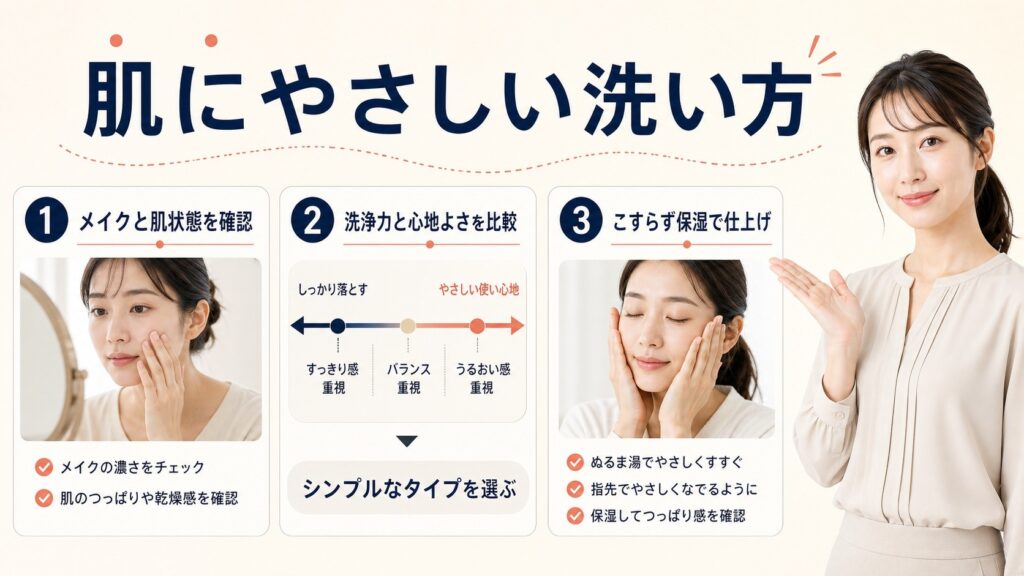 メイクと肌状態を確認し洗浄力と心地よさを比較する摩擦を抑えたクレンジング方法