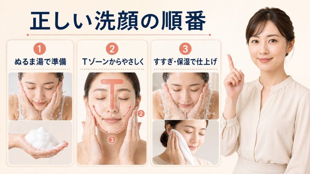 ぬるま湯で準備しTゾーンからやさしく洗ってすすぎと保湿で仕上げる洗顔手順