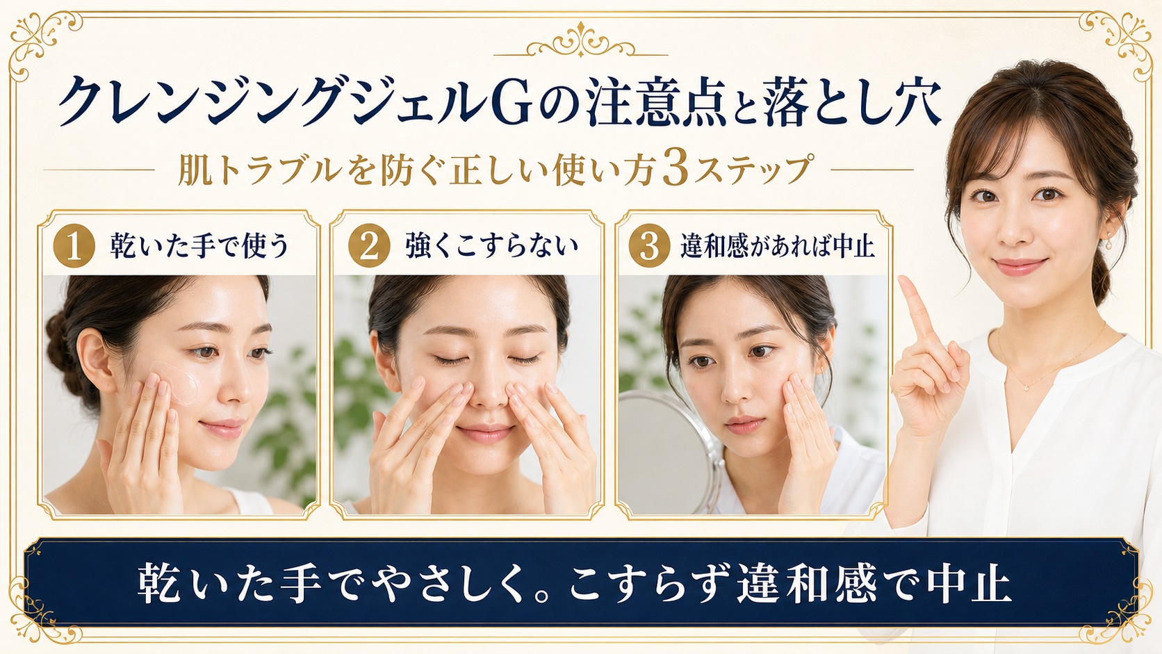 クレンジングジェルGを乾いた手でやさしく使い違和感があれば中止する注意点を示すBeauty Board