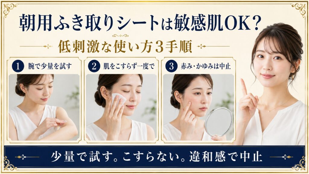 朝用ふき取りシートを敏感肌向けに少量で試しこすらず使う低刺激な手順を示すBeauty Board