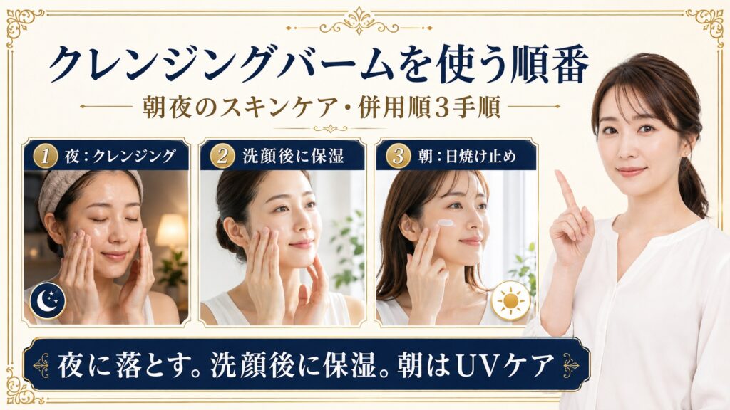 クレンジングバームを夜に使い洗顔後に保湿し朝は日焼け止めで仕上げる順番を示すBeauty Board