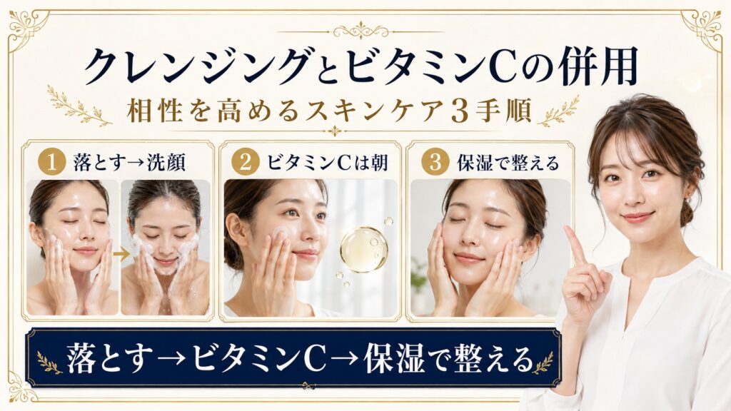 クレンジング後にビタミンCを取り入れ保湿で整える併用手順を示すBeauty Board