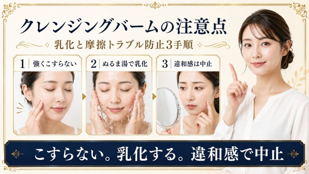 クレンジングバームでこすらず乳化し違和感があれば中止する注意点を示すBeauty Board