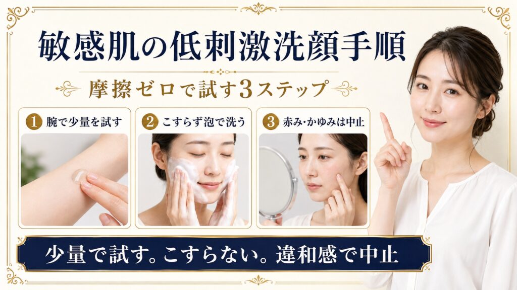 敏感肌向けに少量で試しこすらず泡で洗う低刺激な洗顔手順を示すBeauty Board
