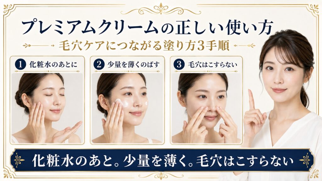 プレミアムクリームを化粧水のあと少量で薄く塗り毛穴をこすらず整える手順を示すBeauty Board