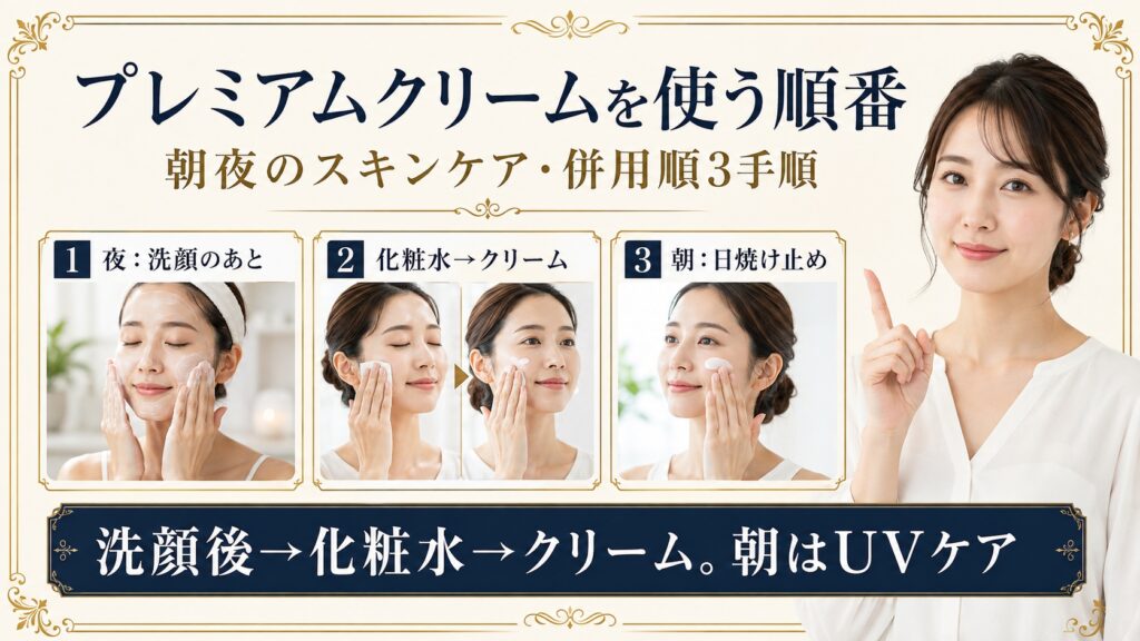 プレミアムクリームを洗顔後の化粧水のあとに使い朝は日焼け止めで仕上げる順番を示すBeauty Board