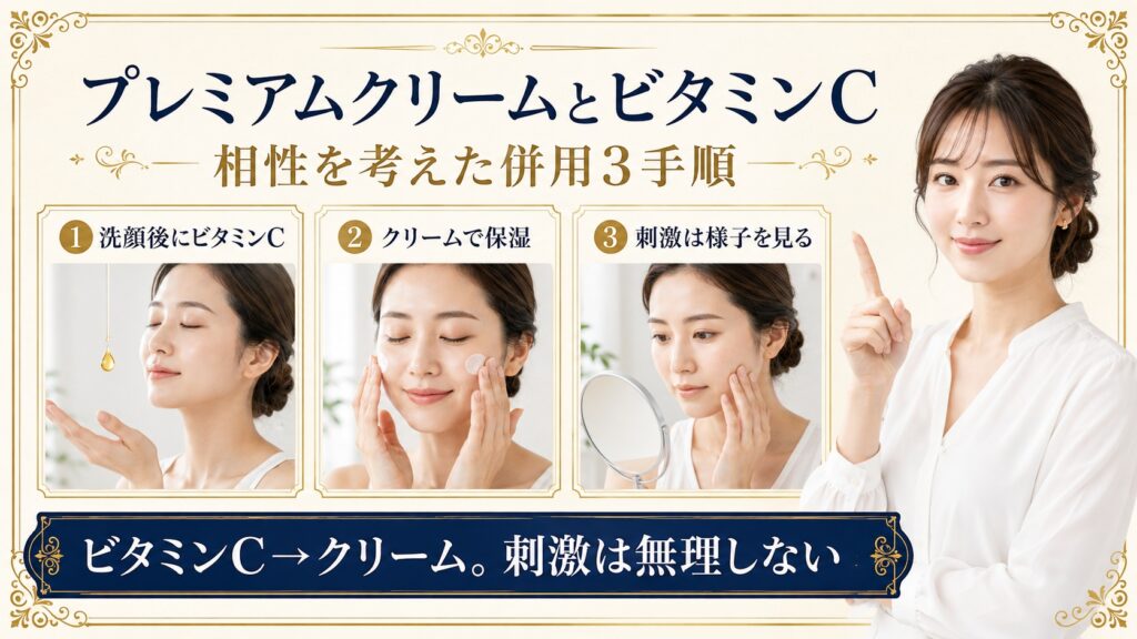 プレミアムクリームとビタミンCを洗顔後に併用し保湿で整える手順を示すBeauty Board
