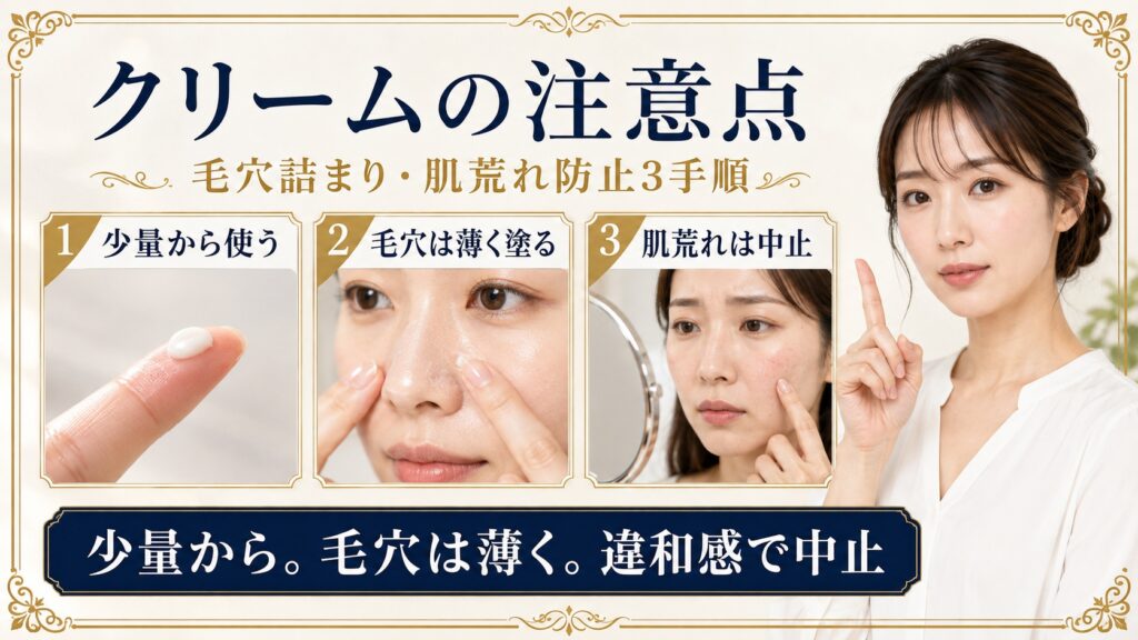 クリームを少量から薄く塗り肌荒れや違和感があれば中止する注意点を示すBeauty Board