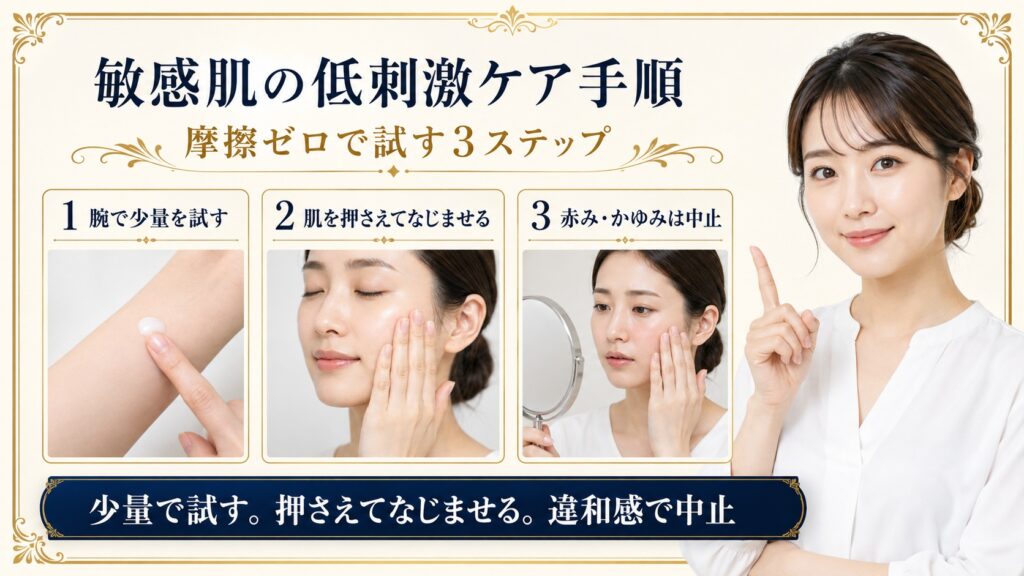 敏感肌向けに少量で試し押さえてなじませる低刺激スキンケア手順を示すBeauty Board