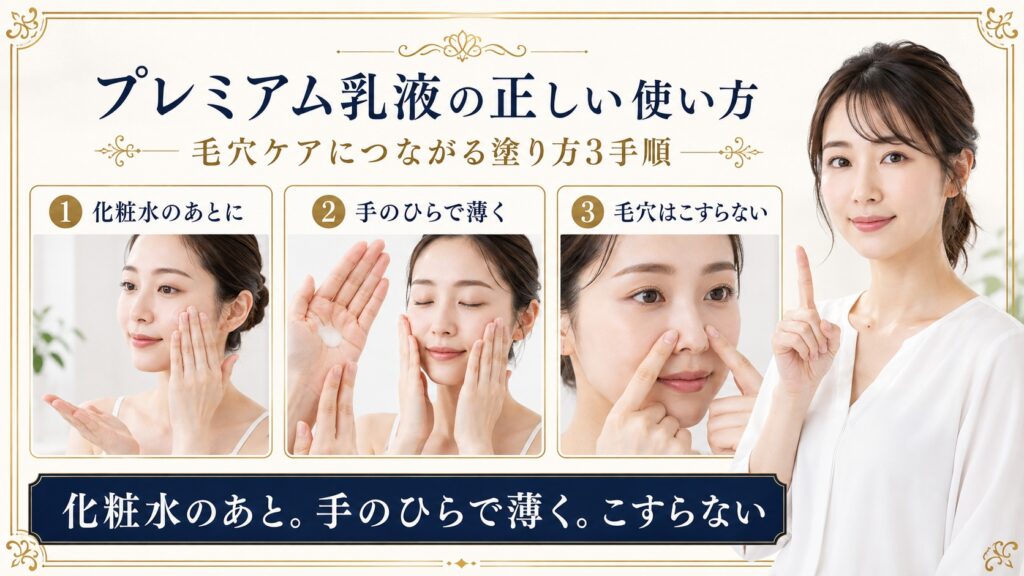 プレミアム乳液を化粧水のあと手のひらで薄く塗り毛穴をこすらず整える手順を示すBeauty Board