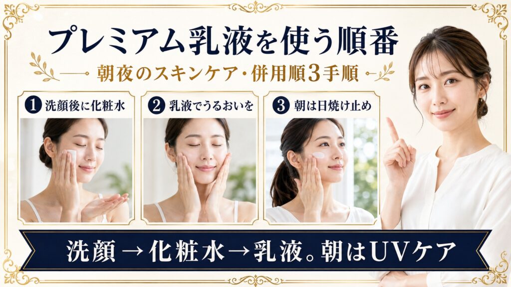 プレミアム乳液を洗顔後の化粧水のあとに使い朝は日焼け止めで仕上げる順番を示すBeauty Board