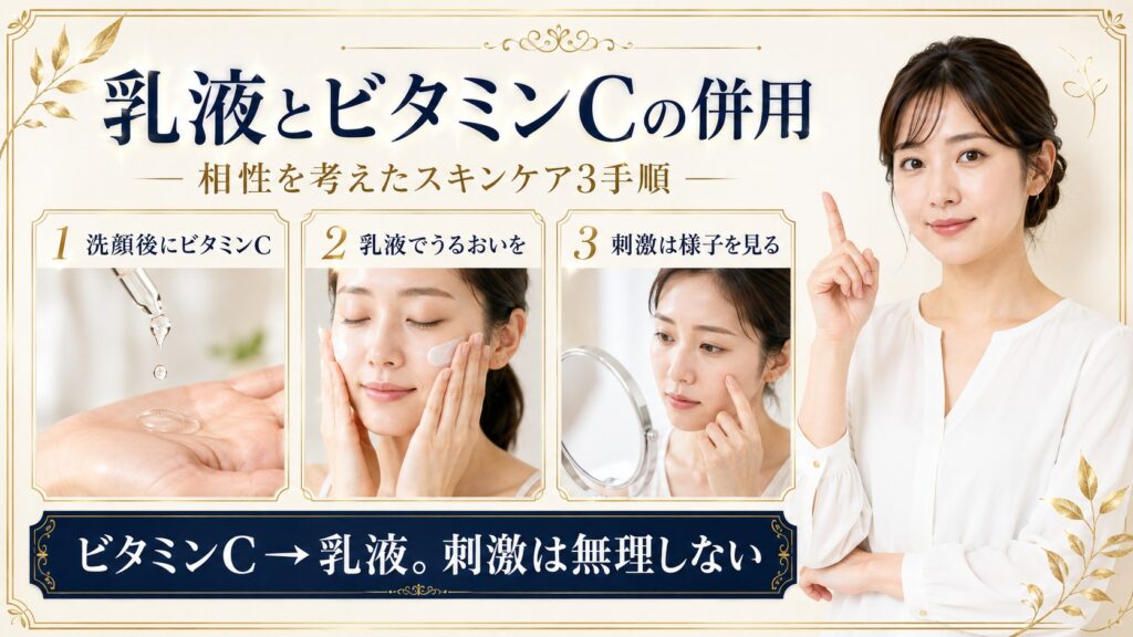 プレミアム乳液とビタミンCを洗顔後に併用し刺激に配慮する手順を示すBeauty Board