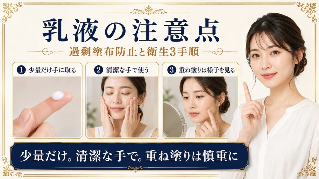 プレミアム乳液を少量で清潔に使い重ね塗りを慎重にする注意点を示すBeauty Board