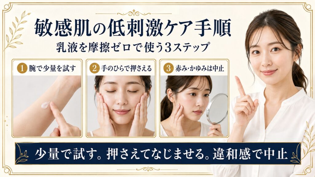 敏感肌向けに乳液を少量で試し押さえてなじませる低刺激ケア手順を示すBeauty Board