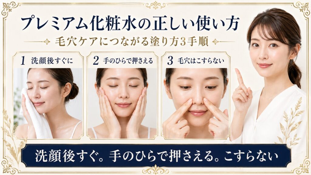 プレミアム化粧水を洗顔後すぐ手のひらで押さえ毛穴をこすらず整える手順を示すBeauty Board