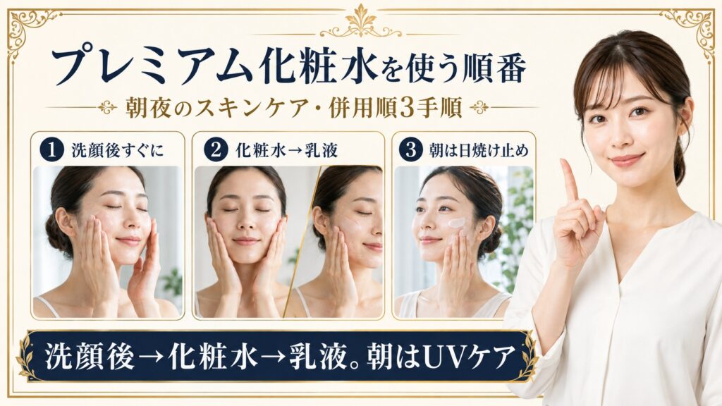 プレミアム化粧水を洗顔後すぐに使い乳液と日焼け止めへつなげる順番を示すBeauty Board