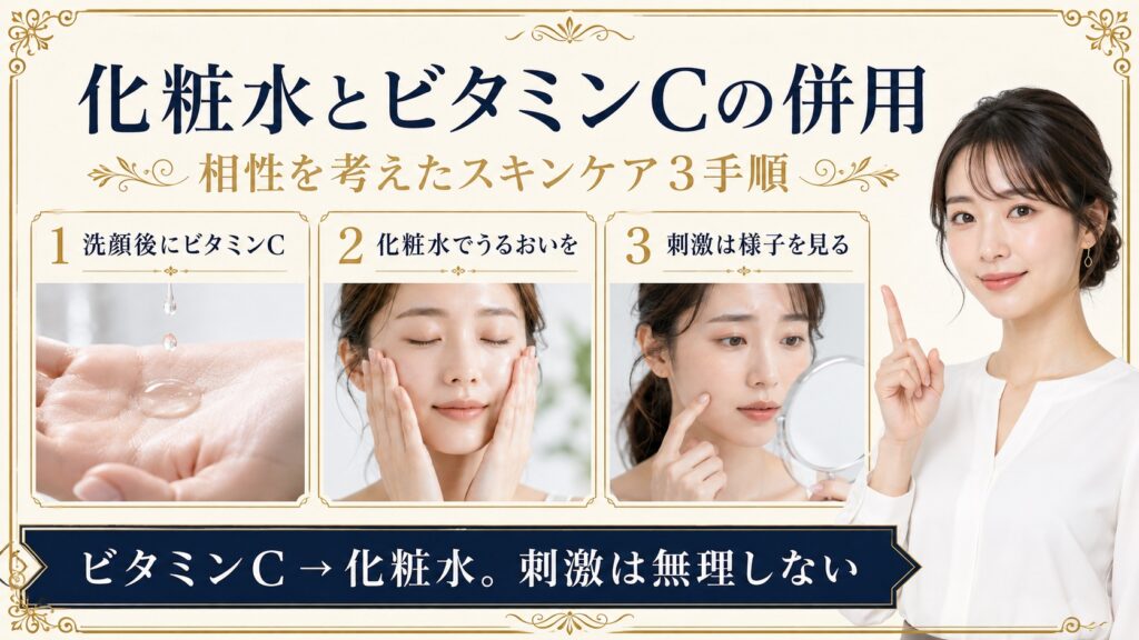 プレミアム化粧水とビタミンCを洗顔後に併用し刺激に配慮する手順を示すBeauty Board